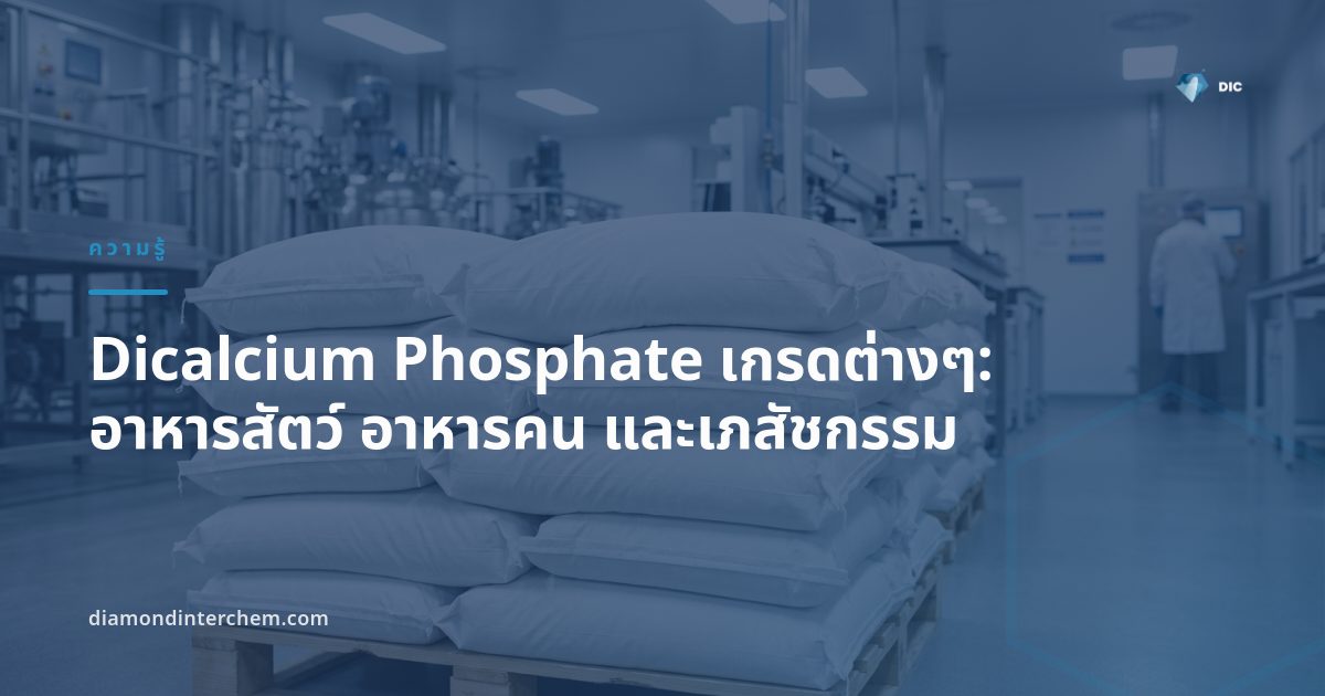 ผงสีขาว Dicalcium Phosphate เกรดต่างๆ บรรจุถุงสำหรับอาหารสัตว์และอาหาร